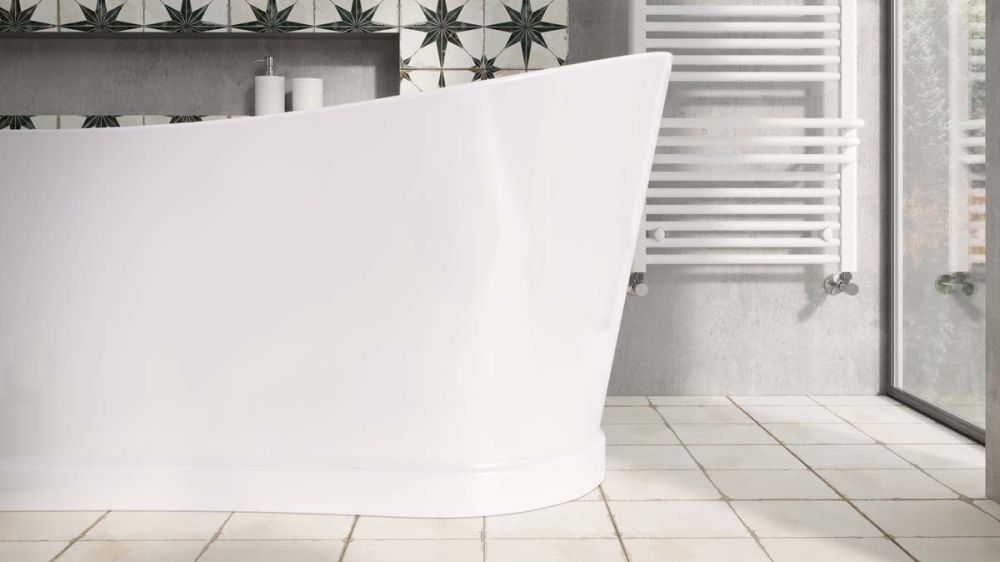 Modern lifestyle image showing detailed view of the Tadeo Freestanding Acrylic Bath 1720x790mm