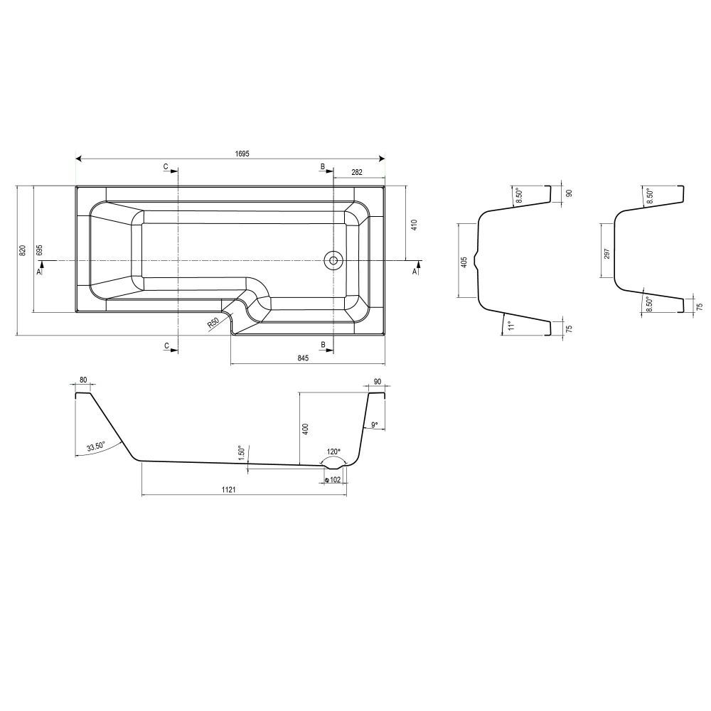 Lorenz Right Hand L-Shape Shower Bath 1700x820mm dimensions