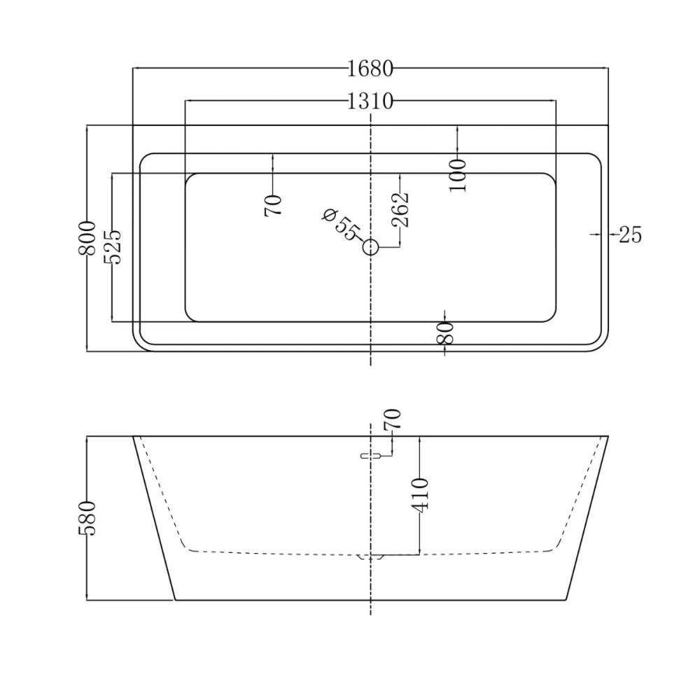 Milo White Freestanding Double Skinned Acrylic Bath 1680x800mm - Dimensions