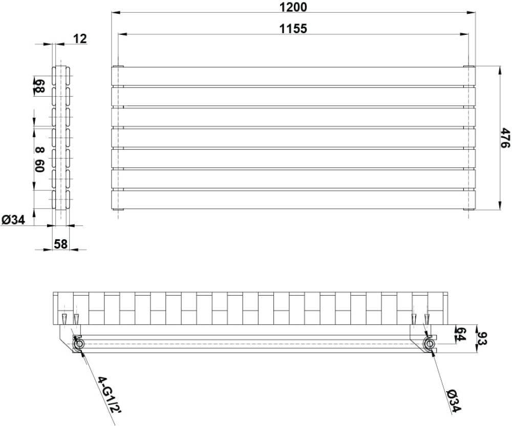 Perth White Double Horizontal Flat Panel Radiator 476x1200mm