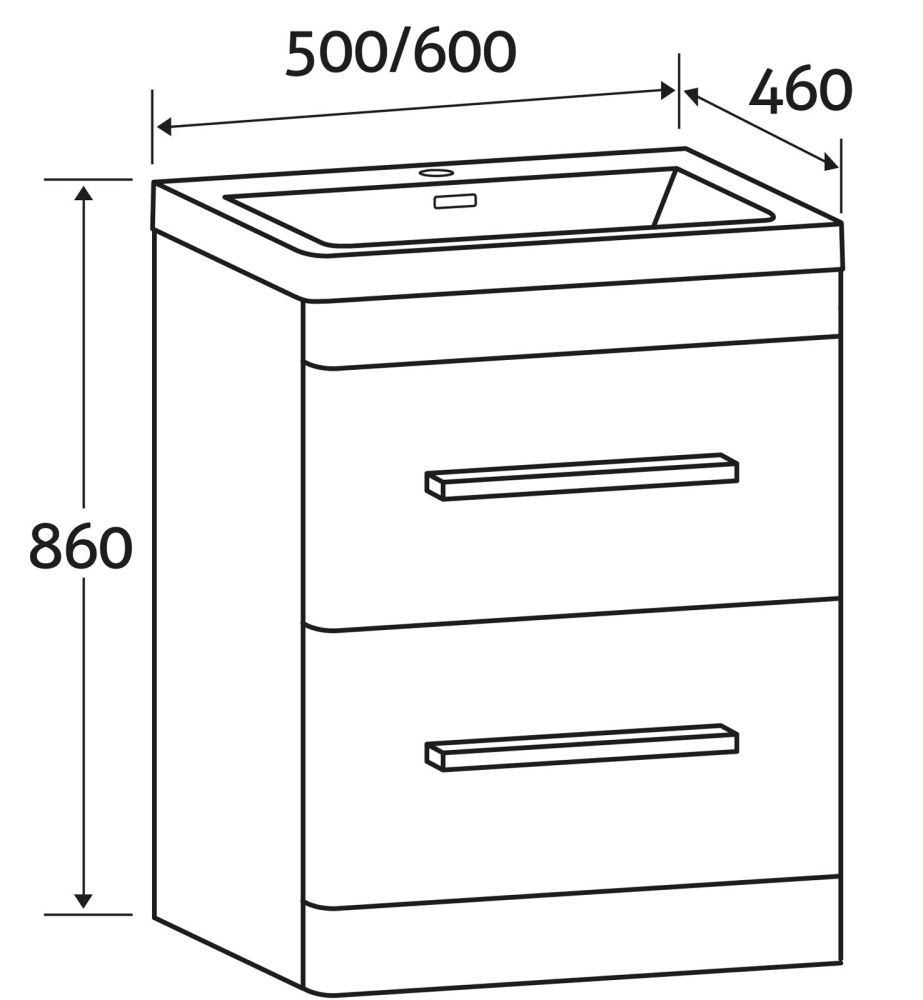 Esk White Floor Standing Vanity Unit and Basin with Brushed Nickel Handles 600mm dimensions