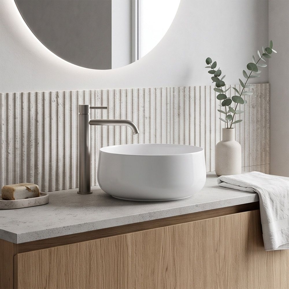 modern round white gloss countertop basin in modern neutral bathroom