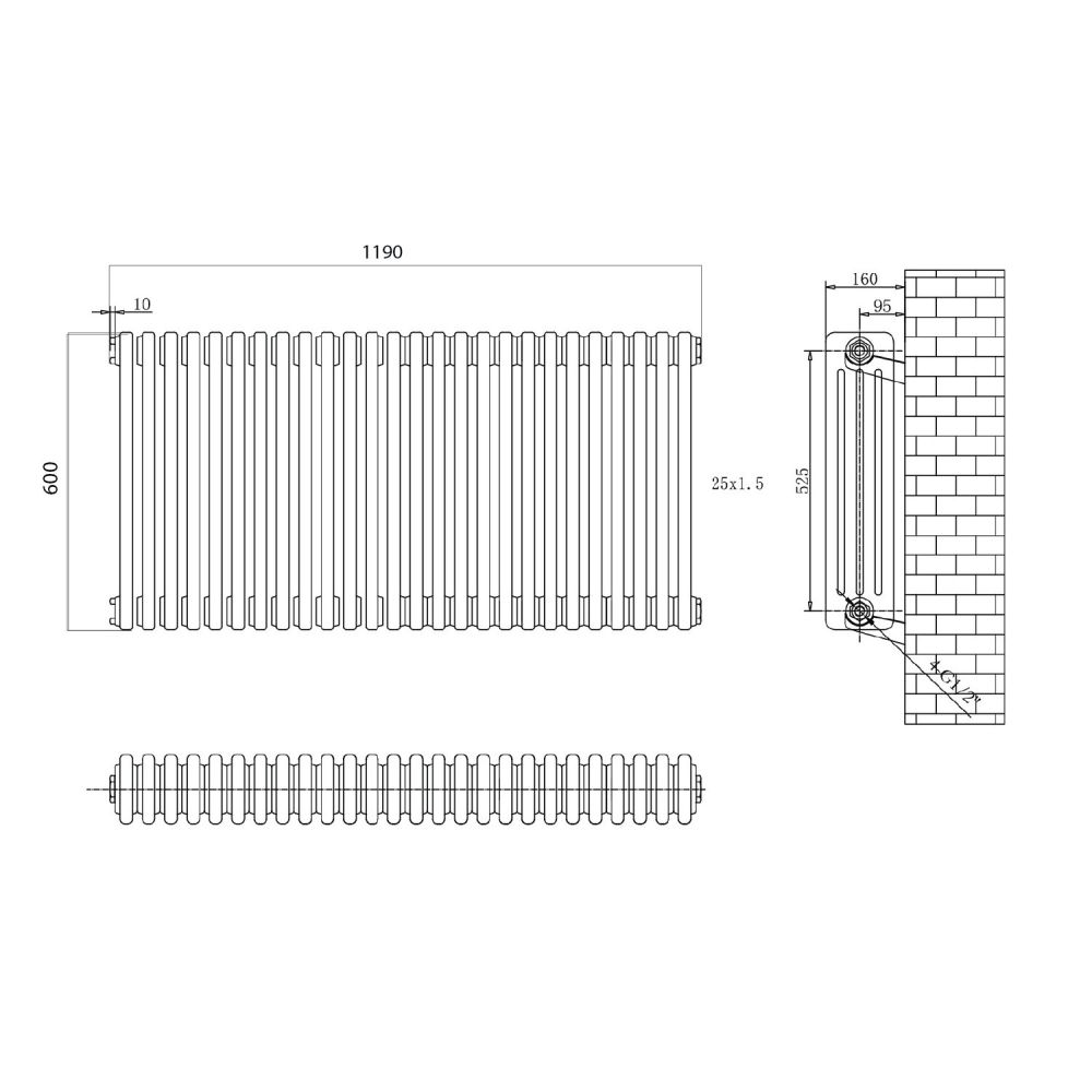 Upton Grey Quadruple Horizontal Column Radiator 600x1190mm