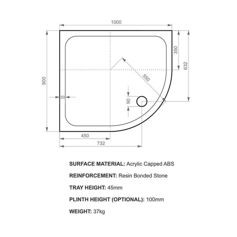 Kstone Left Hand Offset Quadrant Shower Tray 1000x900mm KSQ10090LH Spec Drawing
