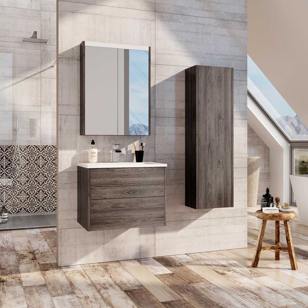 grey wood effect finish wall hung vanity unit with PVC edges roomset