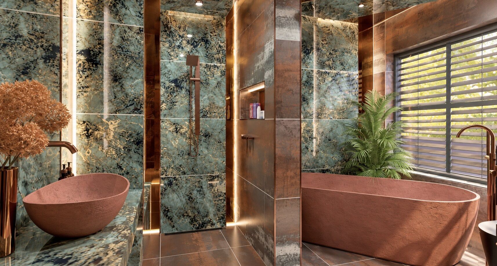 1. Wide view of the jade and terracotta 3D bathroom design by Easy Bathrooms Leicester.