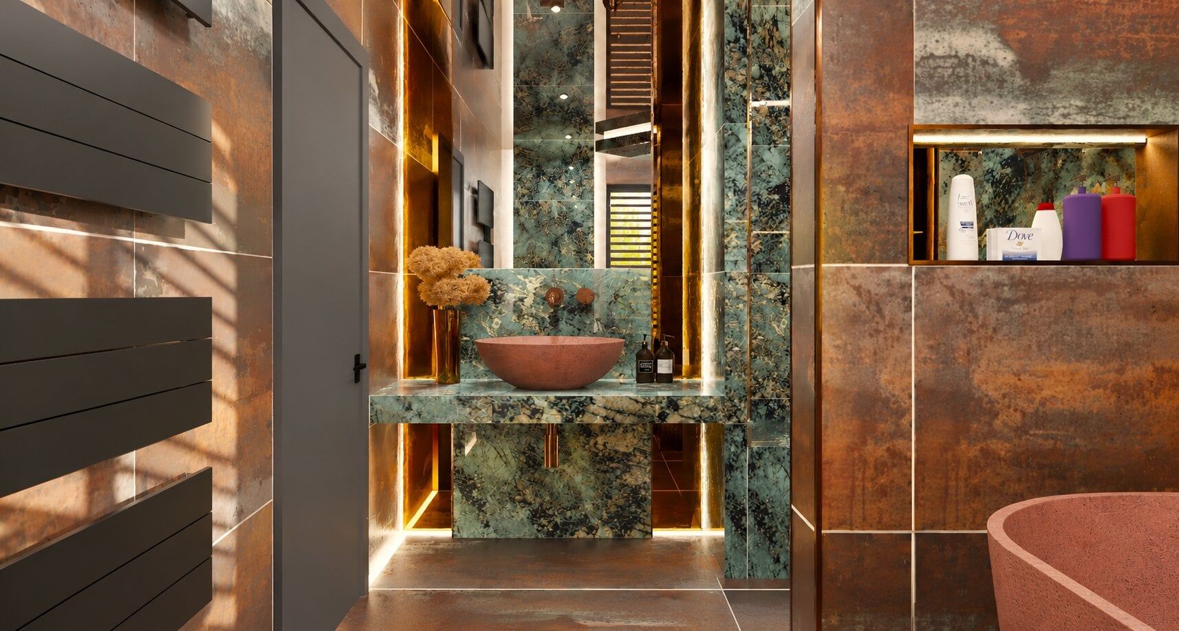 3D view showing the shower area, recessed shelving and warm metallic finishes.
