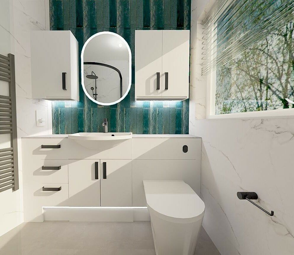 Alternative 3D bathroom render showing the vanity, storage and modern green feature wall.
