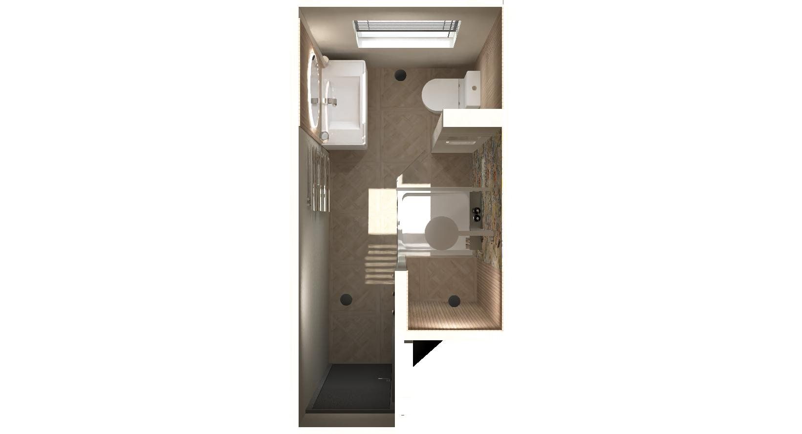 Top-down 3D bathroom design showing the layout of a shower enclosure, vanity unit, toilet and window.