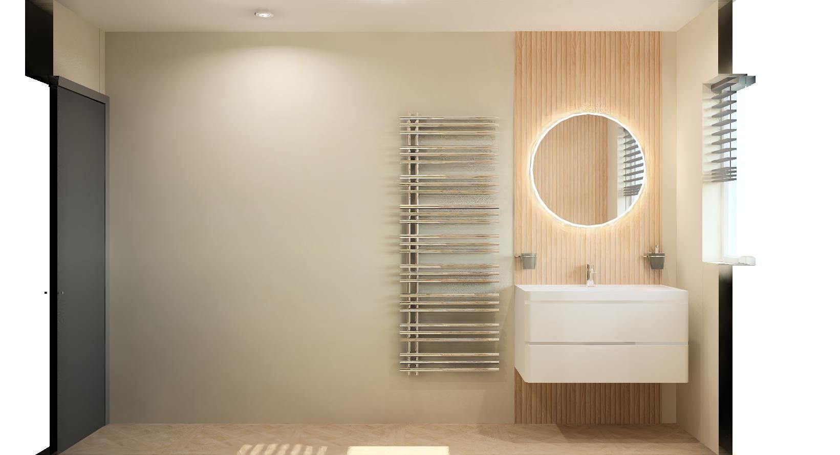3D bathroom design featuring a white wall-hung vanity unit, illuminated round mirror, chrome towel radiator and wood-effect feature panel.