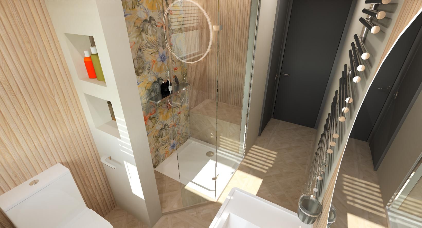 Angled 3D bathroom design showing a glass shower enclosure, patterned feature wall, built-in storage niches and illuminated mirror.