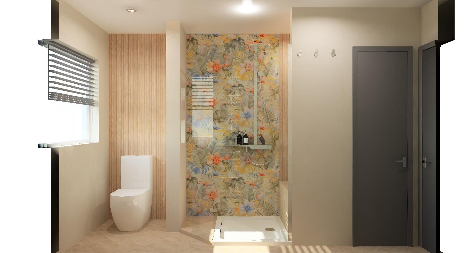 3D bathroom design with a tropical feature wall inside the shower, white toilet and warm wood-effect wall panels.
