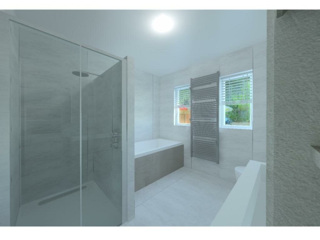 3D bathroom design showing a glass shower enclosure, bath and window within the planned layout.