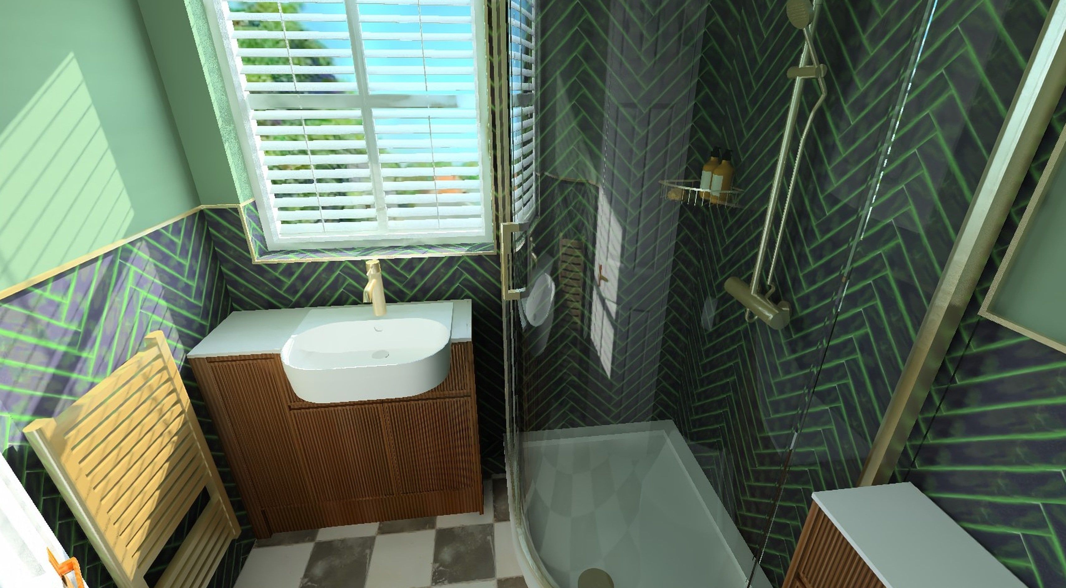 3D bathroom design featuring dark green herringbone wall tiles, a curved shower enclosure, wood-effect vanity unit and brass fittings
