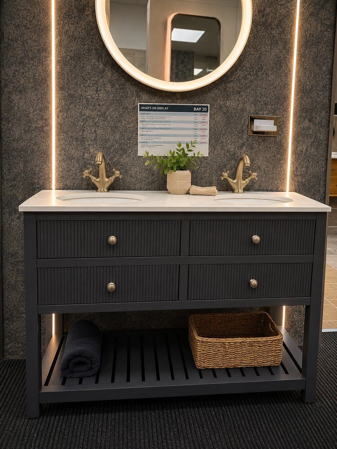 Modern Addison black double bathroom vanity with white countertop, twin sinks, Warwick brushed nickel taps and illuminated round Zia mirror on a Bonito paint tiles, displayed at Easy Bathrooms in St Albans.