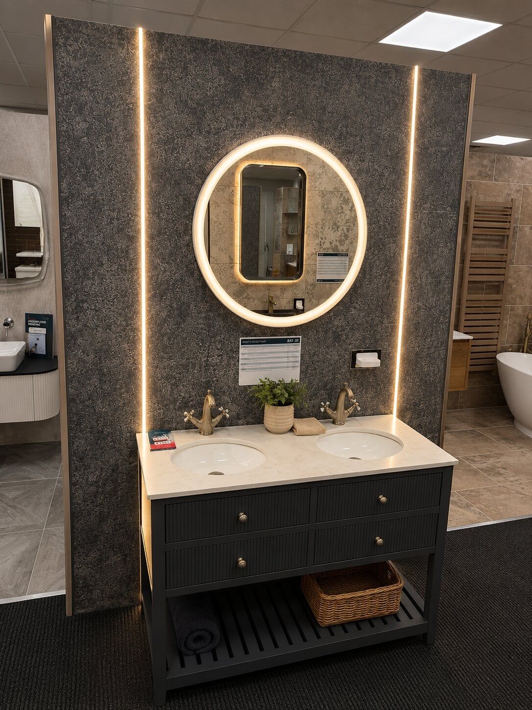 Modern Addison black double bathroom vanity with white countertop, twin sinks, Warwick brushed nickel taps and illuminated round Zia mirror on a Bonito paint tiles, displayed at Easy Bathrooms in St Albans.