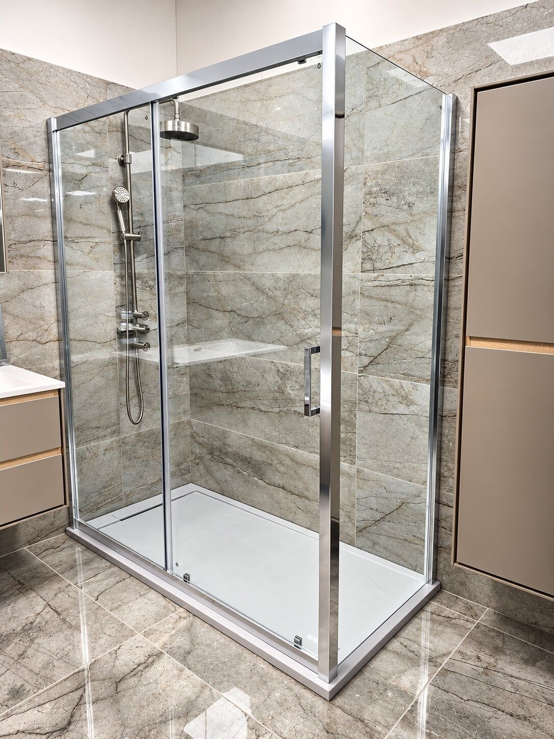 Showroom bathroom display featuring fabio shower enclosure in chrome