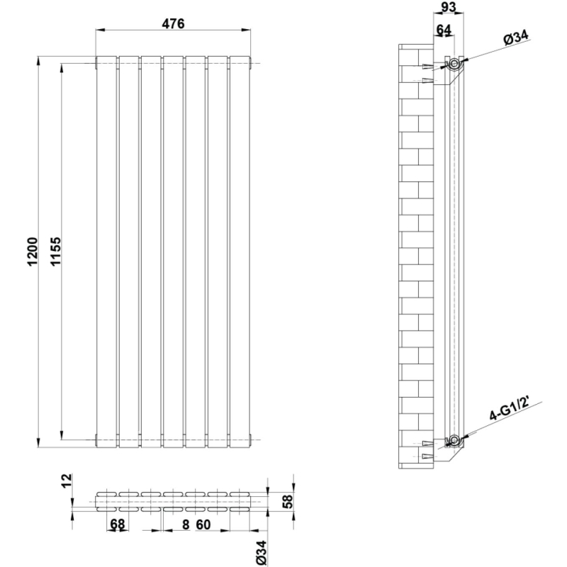 Perth White Double Vertical Flat Panel Radiator 1200x476mm