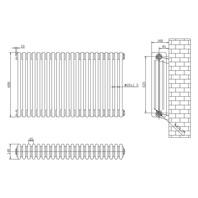 Upton Grey Quadruple Horizontal Column Radiator 600x1010mm