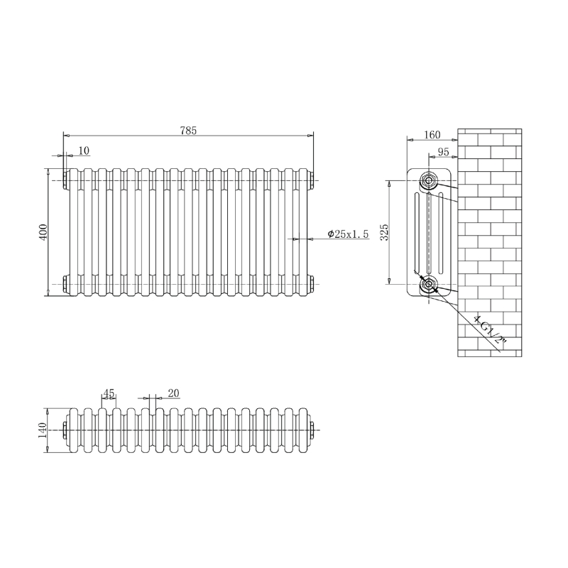 Upton Grey Quadruple Horizontal Column Radiator 400x785mm