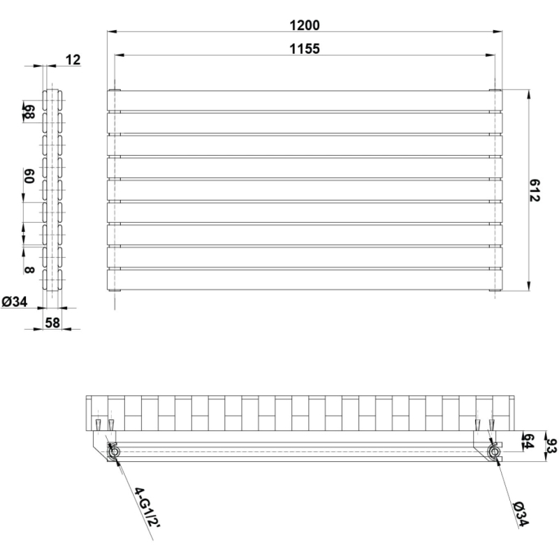 Perth Grey Double Horizontal Flat Panel Radiator 612x1200mm