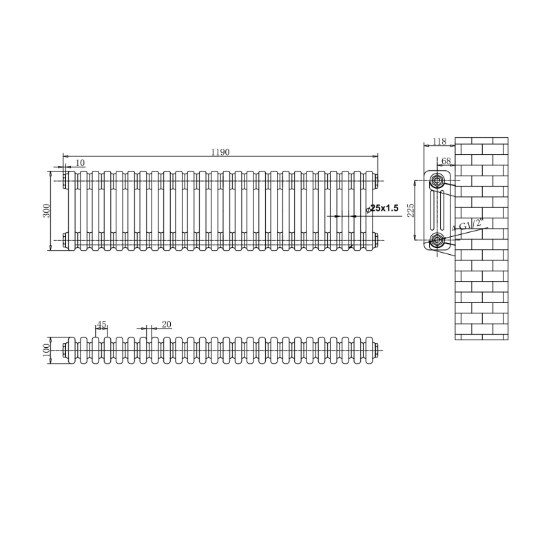 Upton White Triple Horizontal Column Radiator 300x1190mm