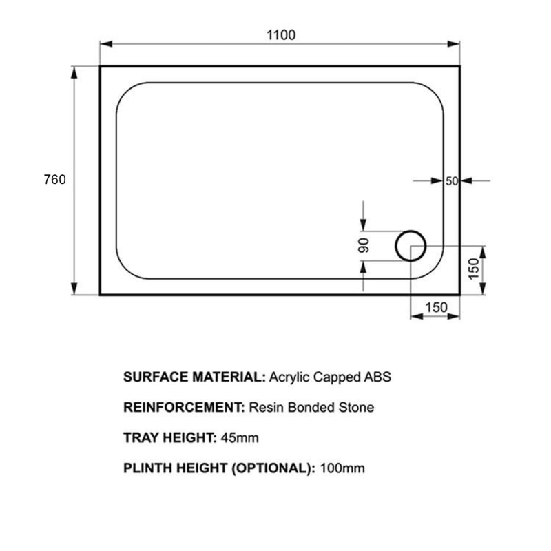 Kstone Rectangular Shower Tray 1100x760mm