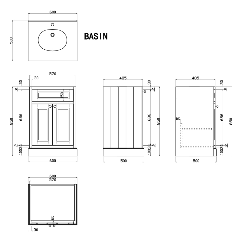 Richmond White Floor Standing Traditional Vanity Unit with White Marble Top 600mm