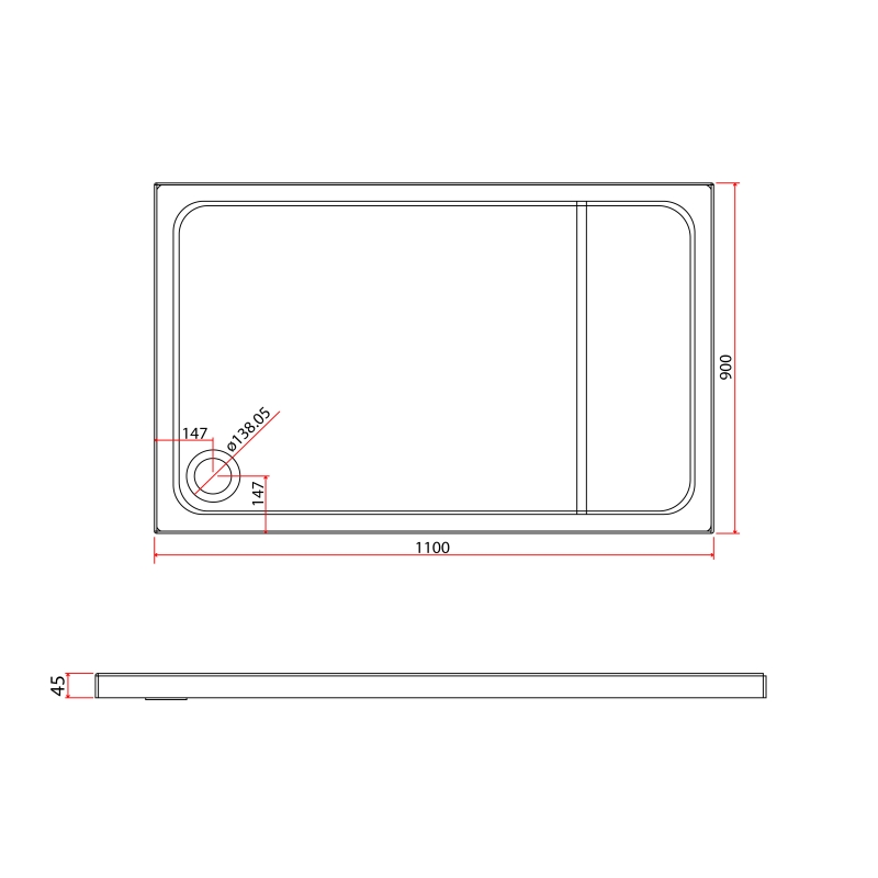 Low Profile Rectangle Shower Tray 1100x900mm
