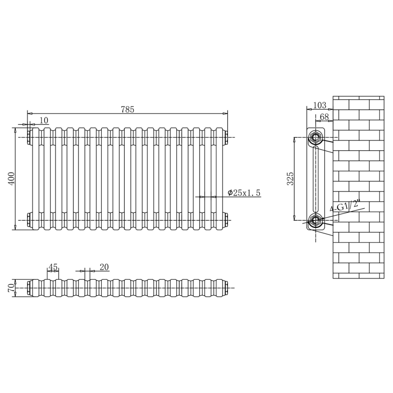 Upton Grey Double Horizontal Column Radiator 400x785mm