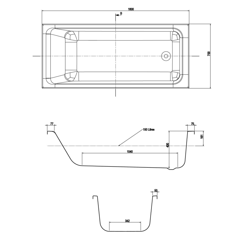 Aero Reinforced Acrylic Single Ended Bath 1600x700mm