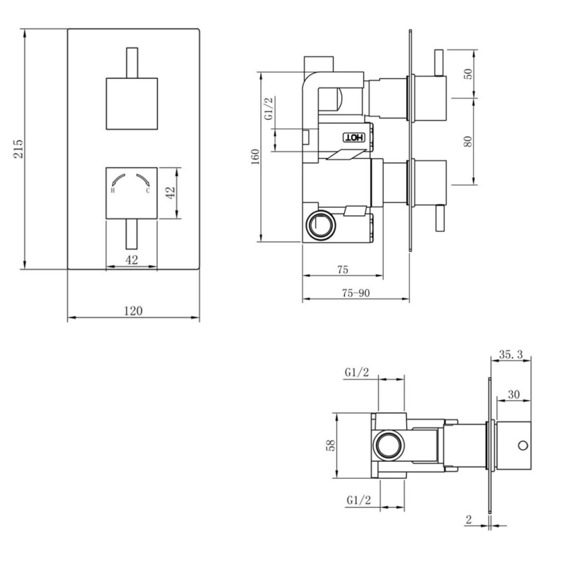 Vade Chrome Single Outlet Concealed Valve & Square Slide Rail Kit