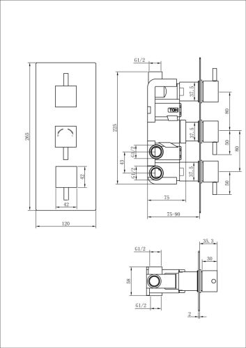 Vade Chrome Triple Outlet Square Concealed Shower Valve with Diverter
