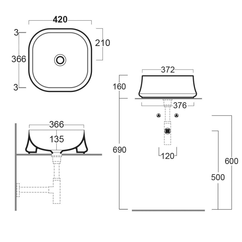 Paora White Square Countertop Basin
