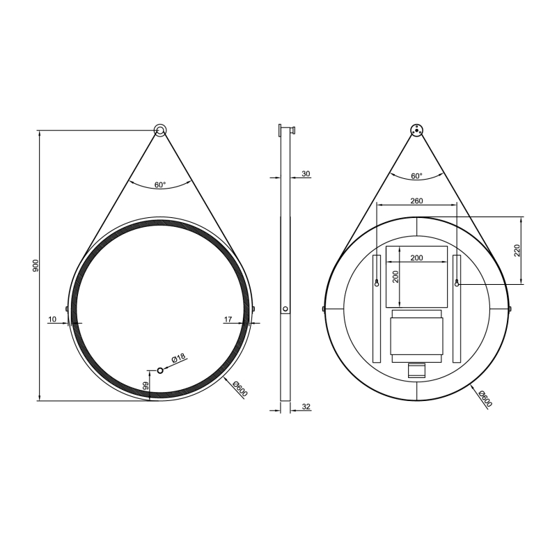 Talon Matt Black Round LED Heated Hanging Mirror 600x900mm