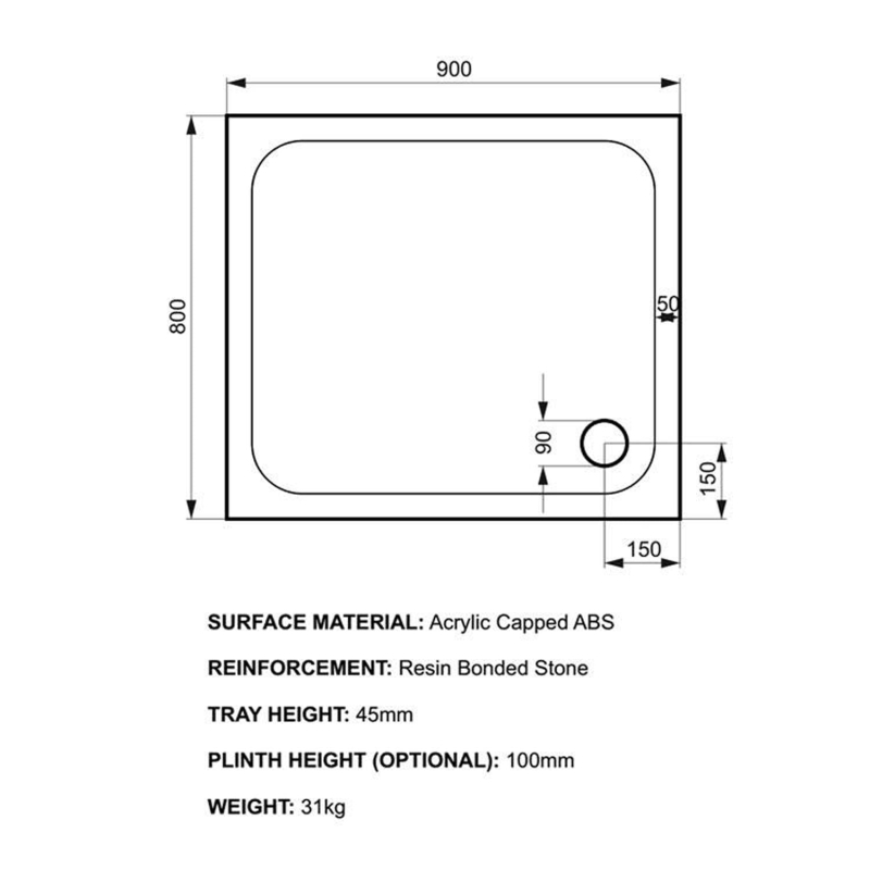 Kstone Rectangular Shower Tray 900x800mm