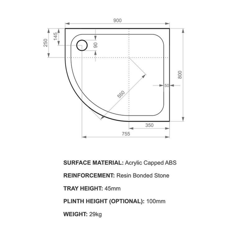 Kstone Right Hand Offset Quadrant Shower Tray 900x800mm