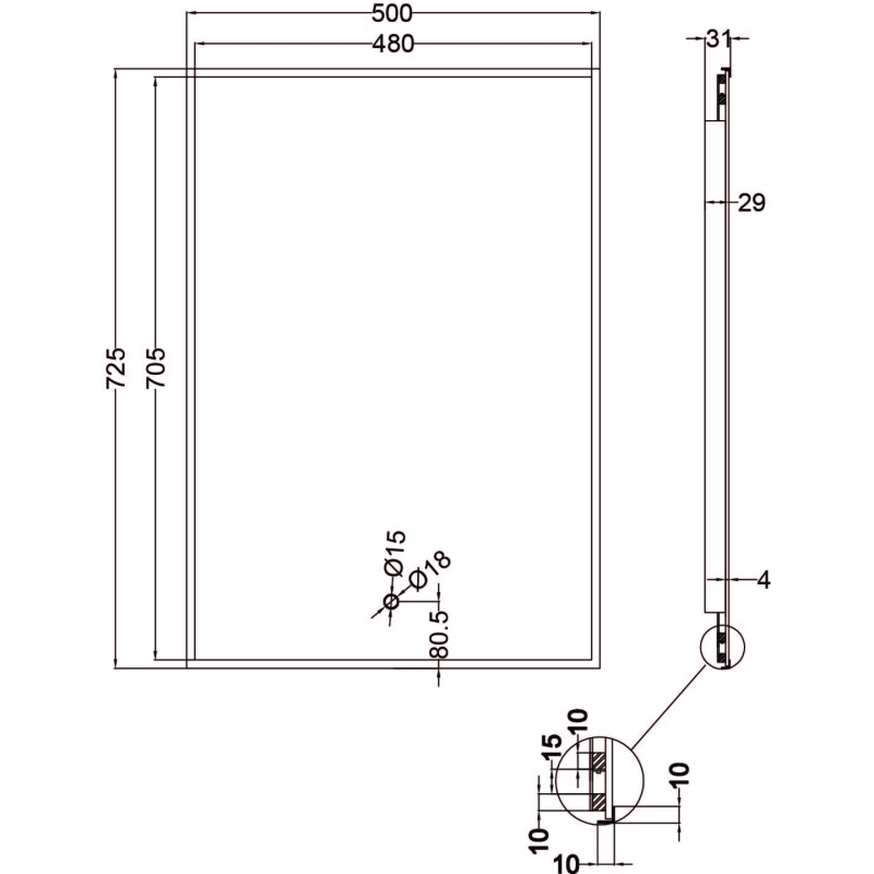 Rione Black Rectangular Backlit LED Heated Mirror 500x725mm