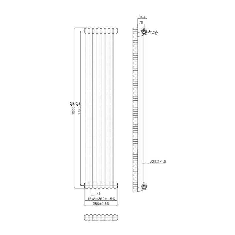 Clement Antique Brass Double Vertical Column Radiator 1800x380mm
