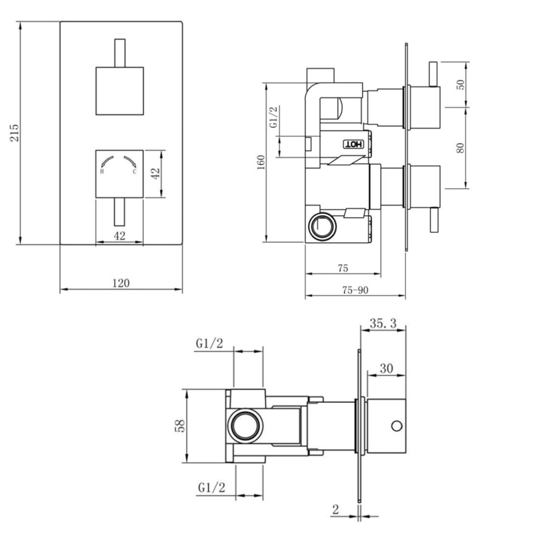 Vade Chrome Single Outlet Concealed Valve & Square Shower Head