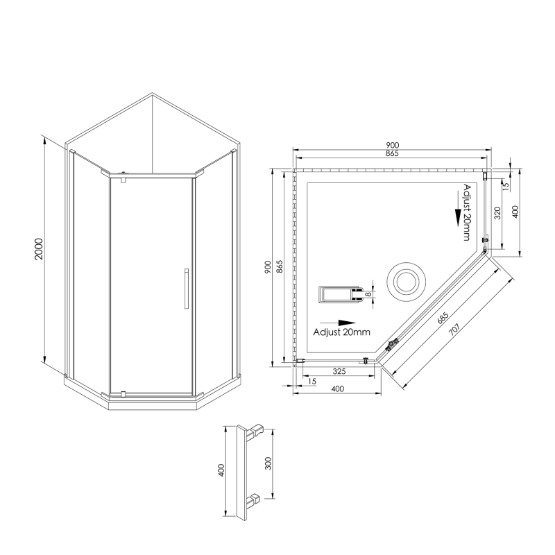 Penta Chrome Frameless Shower Enclosure 900x900mm