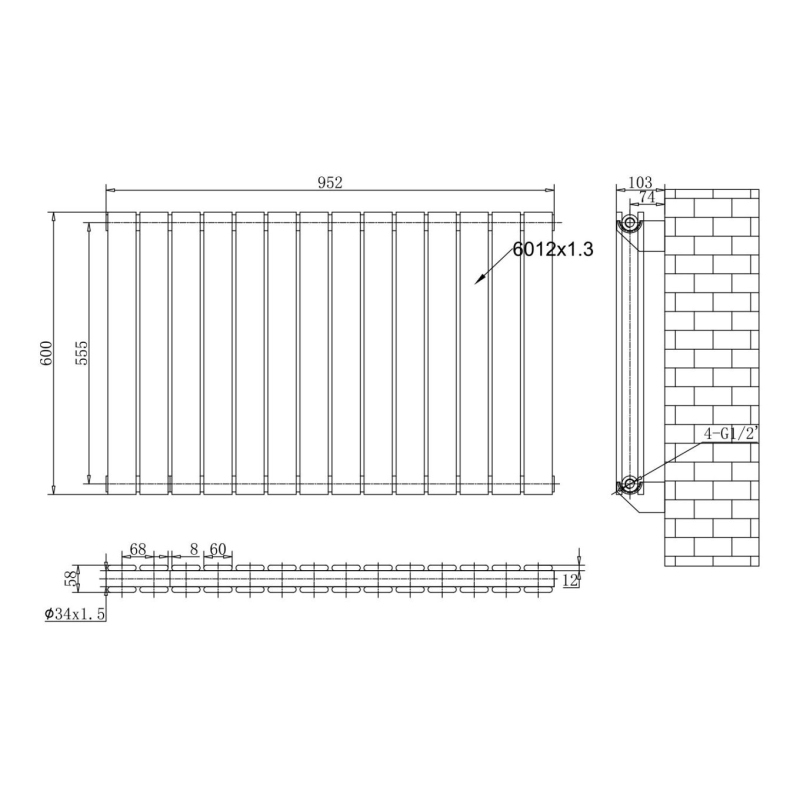 Perth Grey Double Vertical Flat Panel Radiator 600x952mm