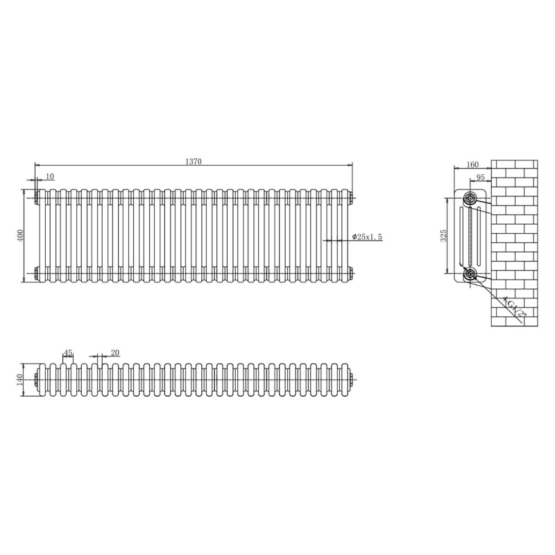 Upton White Quadruple Horizontal Column Radiator 400x1370mm