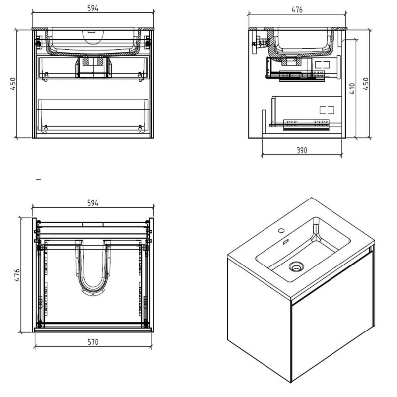 Odion Concrete Wall Hung Vanity Unit with Black Basin 600mm