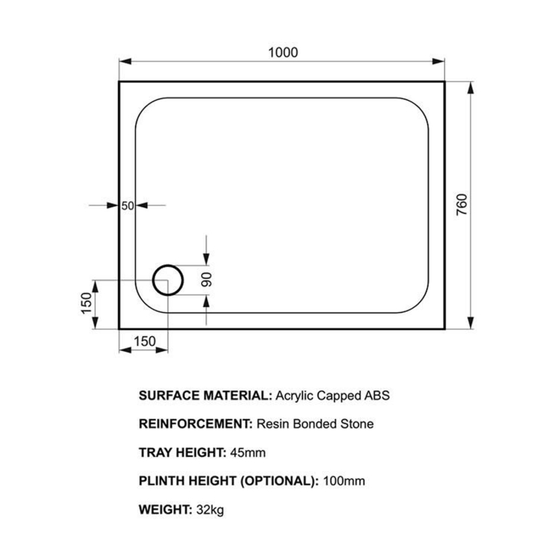 Kstone Rectangular Shower Tray 1000x760mm