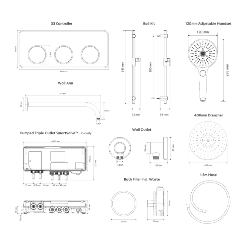 Aqualisa S3 Chrome Smart Digital Shower Triple Outlet (Slide Rail Kit, Fixed Wall Head, Bath Filler) Gravity Pumped