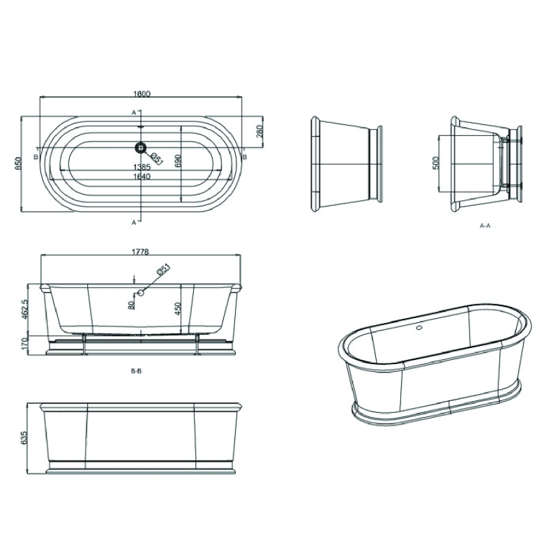 Burlington London Round Double Ended Freestanding Bath 1800x850mm
