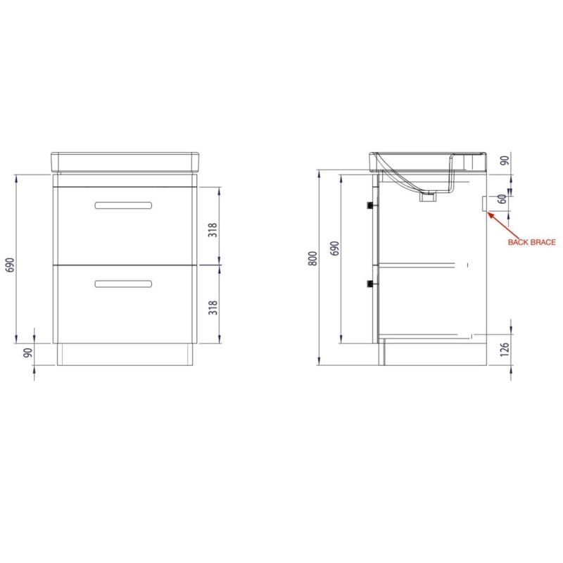 Tavistock Compass Gloss Light Grey Double Drawer Floor Standing Vanity Unit with Ceramic Basin 600mm
