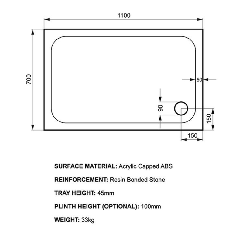 Kstone Rectangular Shower Tray 1100x700mm
