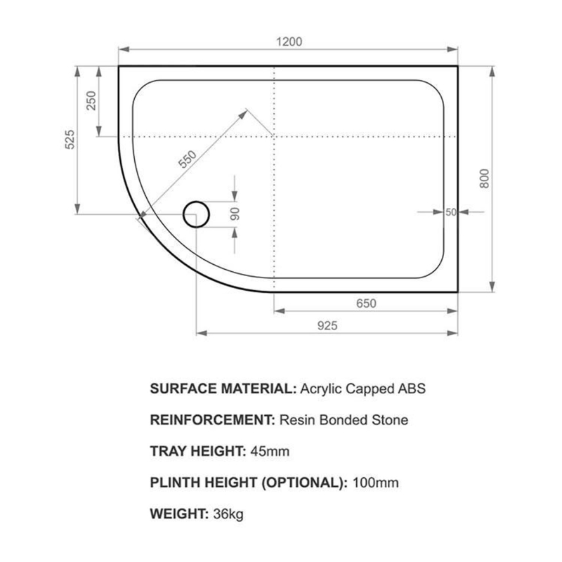 Kstone Right Hand Offset Quadrant Shower Tray 1200x800mm